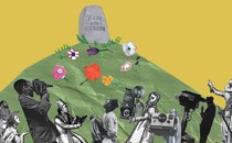 Illustration of a tombstone on a hill with people and cameras at the bottom
