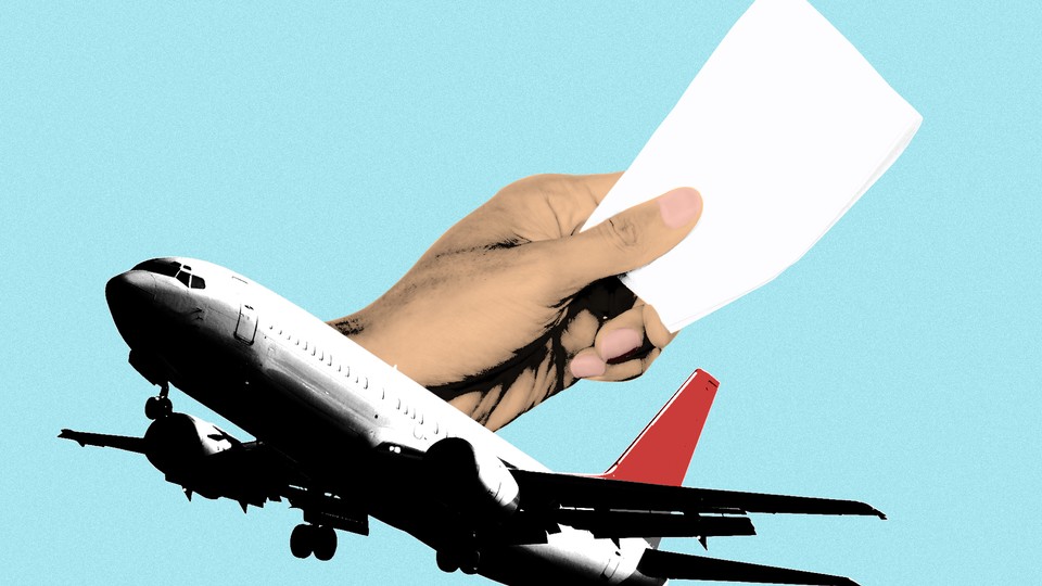 An illustration of an airplane and a hand offering a cocktail napkin