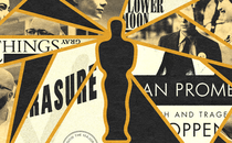 An Oscars statuette over a collage of stills and book covers from the nominated films