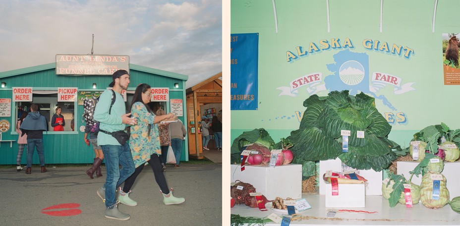 Diptych: people walk with snacks by a teal barn; a root vegetable contest