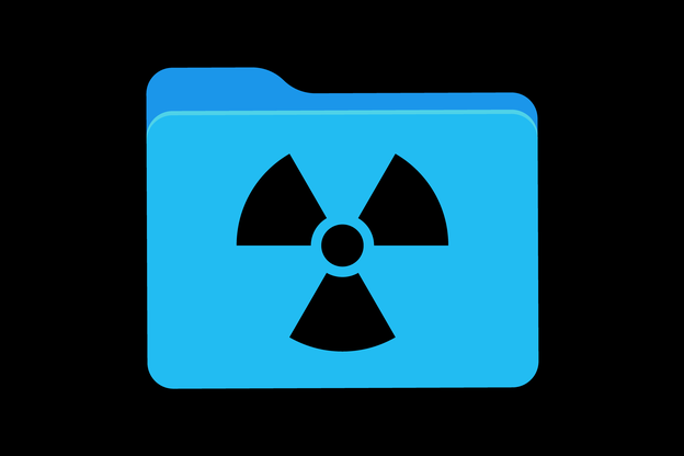 A blue computer-folder icon with a radiation-hazard symbol, against a black background