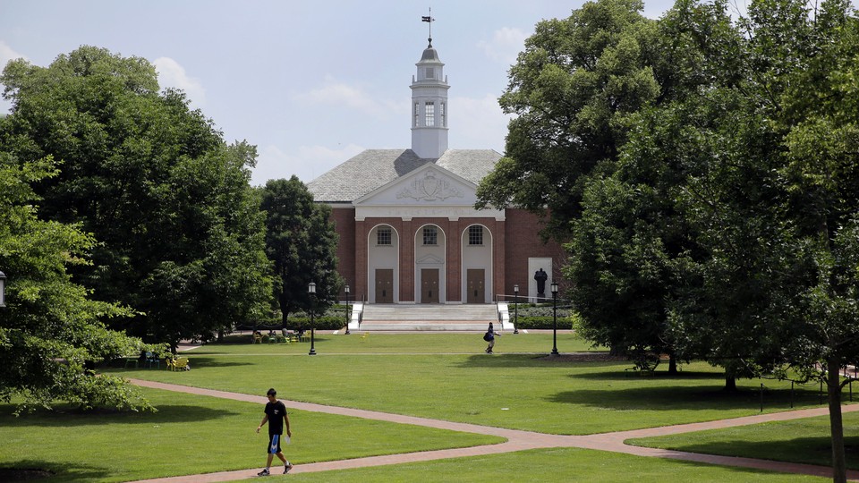 Students walk across the quad at Johns Hopkins University in Maryland.