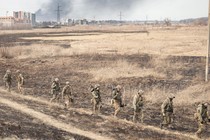 Ukrainian soldiers returning from the Irpin front line in March 2022