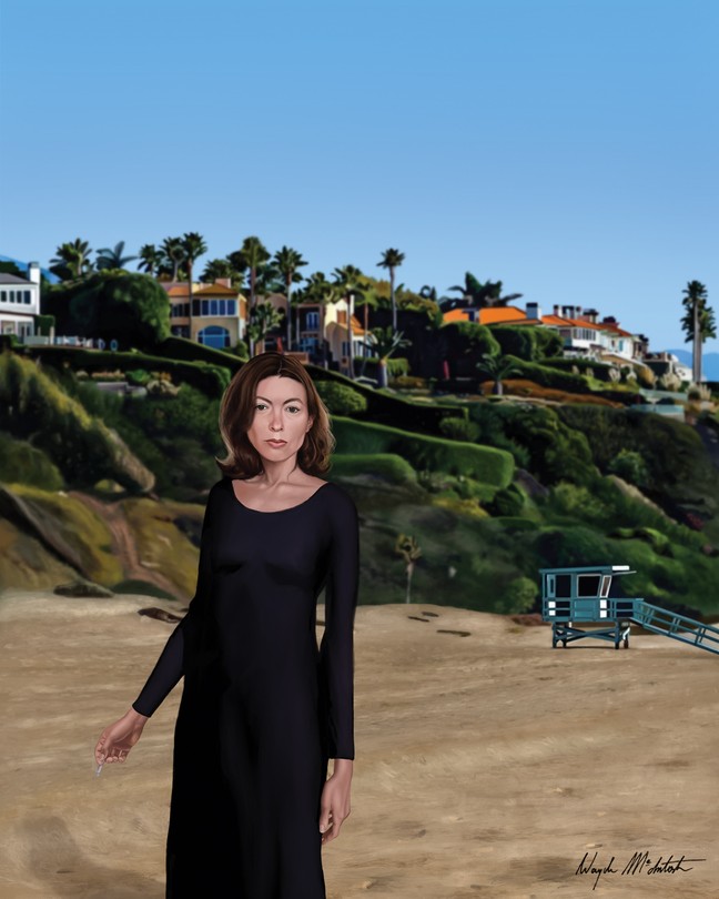 Illustration of Joan Didion standing on a beach with several large houses on the cliffs behind her