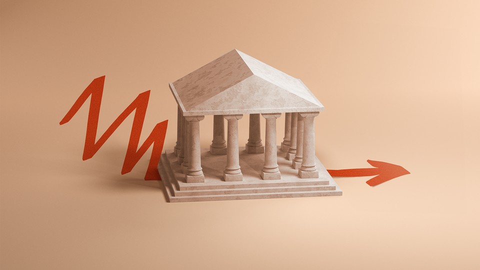 The Federal Reserve building on top of a rising arrow