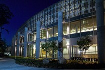 The exterior of the CDC at night