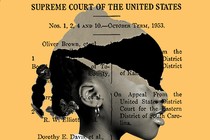 Graphic illustration with torn black-and-white profile photo of young Black girl with text from the Supreme Court "Brown" decision superimposed, on a yellow background.