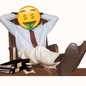 A photomontage of a man with his feet up on a desk and with a cartoon face with dollar signs.