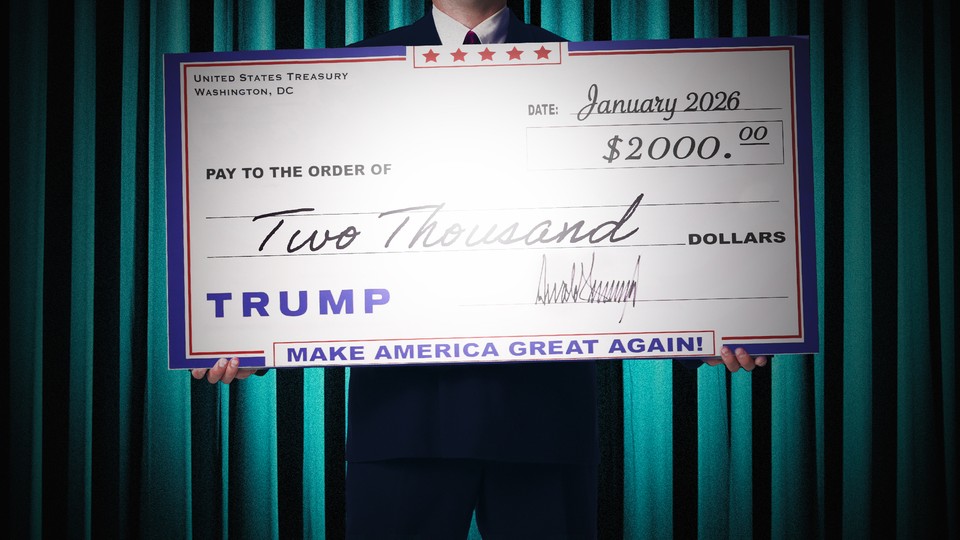 An illustration of a large $2,000 check dated "January 2026" and including "Make America Great Again" and Donald Trump's signature
