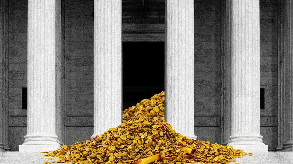 A pile of gold coins spilling out of the Supreme Court