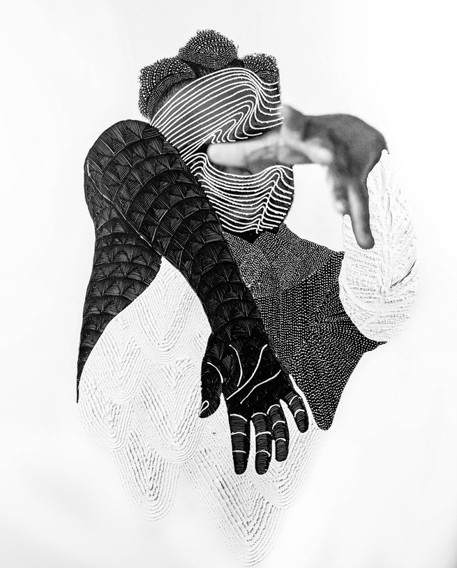 A person's back and arms, in black and white, collaged together from different textures