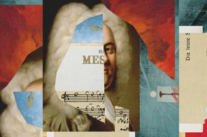collage illustration with layers of a Handel portrait, pieces of sheet music, and fragments of angels and paintings
