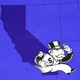 Illustration of a blue U.S. map focused on California with an image of the Monopoly Man crossing state lines heading east.