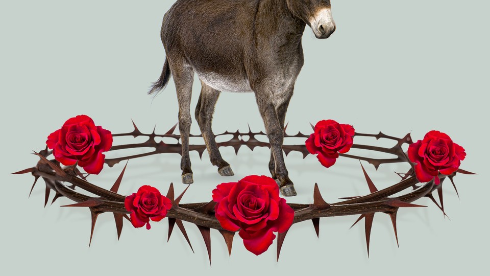 a donkey surrounded by thorny roses