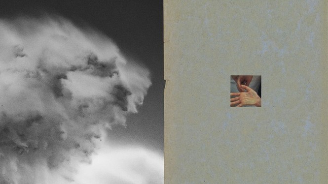 Two photos: a cloud on the left and a hand on the right