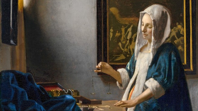 Painting of a woman gazing down at a hanging balance scale she holds between her fingers