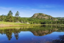 A short mountain stands beyond a lake, surrounded by trees, in Maine's Acadia National Park