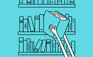 illustration of long arms reaching up to pull a very thick book off a crowded shelf, on blue background