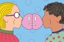 Two people blow bubble gum toward each other. One bubble forms half of a smiley face, while the other forms half of a frowning face.