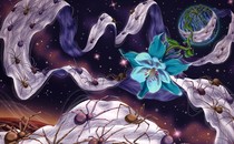 Illustration of a ribbon of spider silk covered with spiders stretching across star-filled space to wrap around a blue planet with a blue flower growing from it