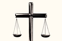 Illustration showing a vintage balance scale (the kind widely used as a symbol for legal justice), in which the beam holding the two scale pans is replaced by a Christian cross