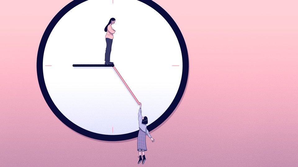 An illustration of a woman standing at the center of a clock, peering down at another woman hanging onto the second hand of the clock.