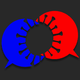 An illustration of a red and blue speech bubbles overlapping to form a coronavirus shape.