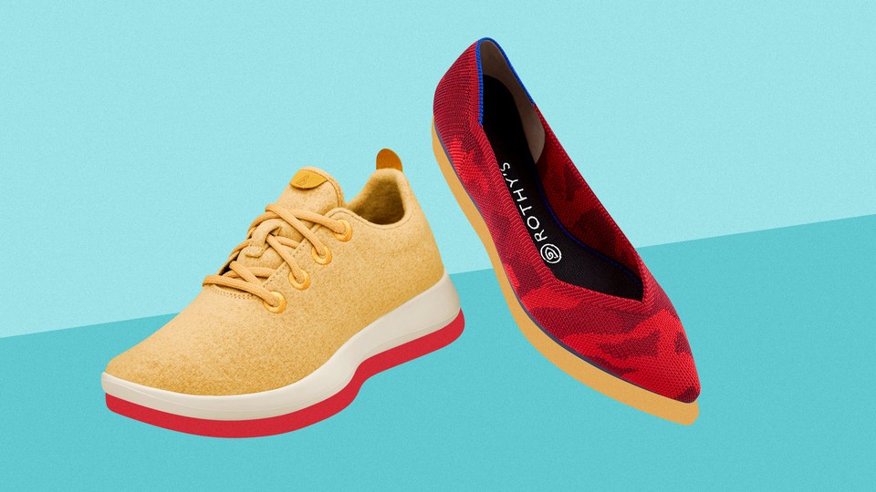 Two shoes: a sneaker by Allbirds and a flat by Rothy's