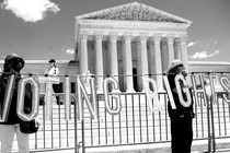 People protest in favor of voting rights outside of the Supreme Court in Washington, D.C.