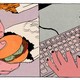 hands wrapping a burger next to hands typing on a keyboard