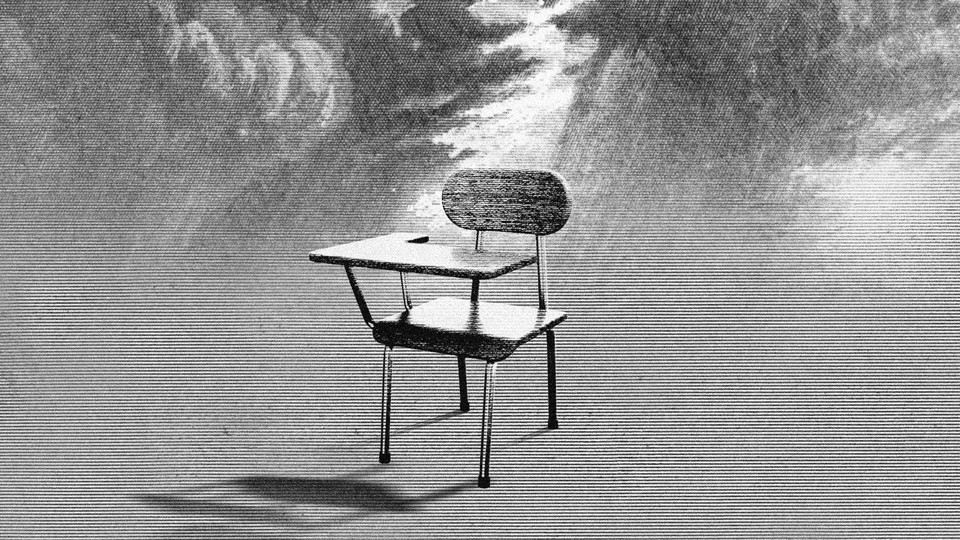 Illustration of a school desk against biblical light and clouds.