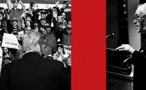 Illustration with a photo of Trump speaking to a crowd, a vertical red ribbon, and a photo of Robert Welch in front of a microphone
