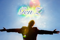 A man stands with his arms outstretched toward a shining sun; the words "Gen Z" hover above him, radiating magical glitter.