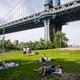 People laying down on the grass under the Brooklyn Bridge in Dumbo