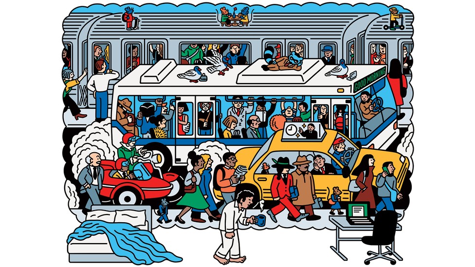 Illustration of a man walking from his bed to computer while imagining a crowded sidewalk in front of a taxi in front of a crowded bus in front of a crowded train