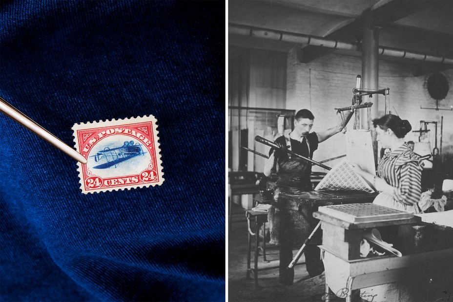Left: The Inverted Jenny. It has become one of the most highly -prized stamps for collectors and is a small pop-culture phenomenon Right: Bureau of Engraving and Printing, Stamp Division, between 1889 and 1890. Photograph shows woman and man printing sheet of stamp