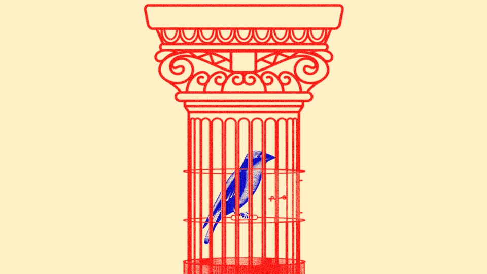 Illustration of a bird trapped in a cage shaped like a Greek column