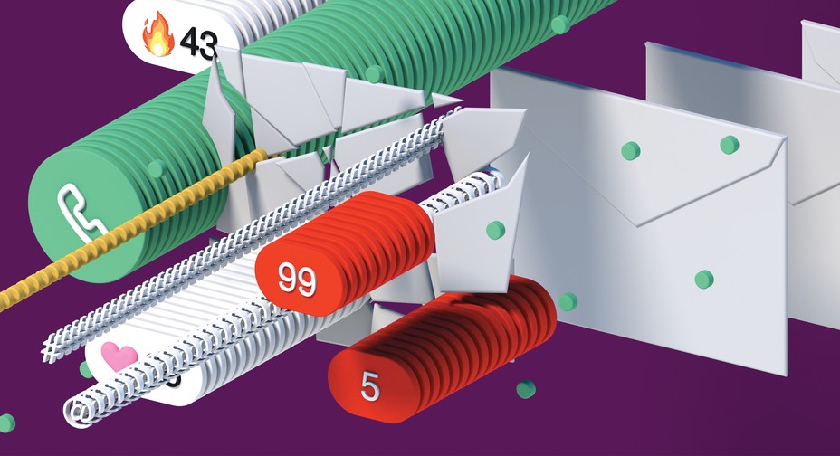 Illustration of stacks of fire and heart emojis, notifications, @s, #s, and envelopes on purple background