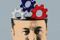 Elon Musk's head, hollow on the inside, with three red, white, and blue gears turning