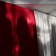 Shadowy figures appear on a large curtains that are the color of the American flag.