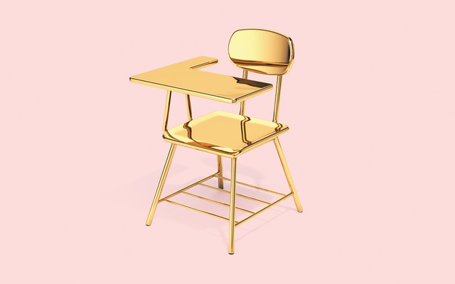illustration: a solid gold school desk on a pink background