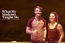 A custom illustration featuring Ashley Lamb-Sinclair and Connor Cummings superimposed on the image of a chalkboard.