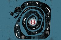 On a teal background a black snake, with white abstract symbols, coils around a radiant red and white coin, protecting it.