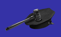 A graphic of a black gavel on top of a black police cap, on a blue background