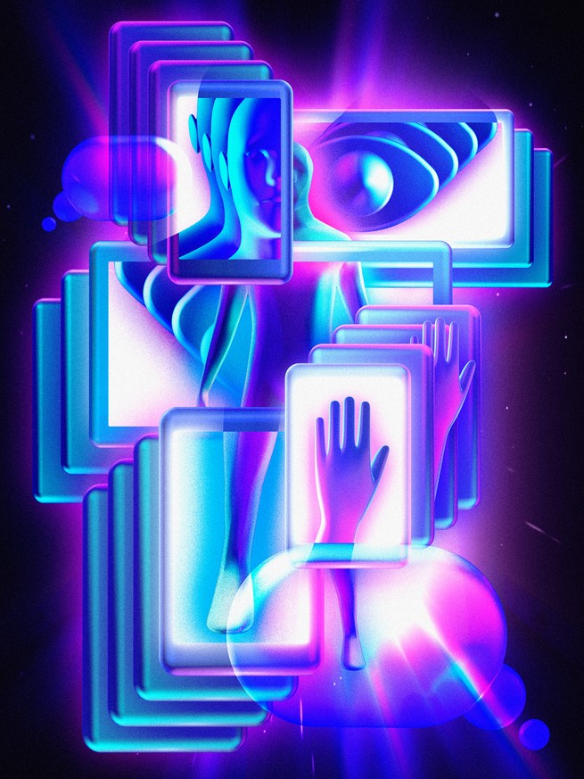 Illustration: stacks of glowing smartphones and tablets that each display a different part of an abstract human figure, hand, and eye
