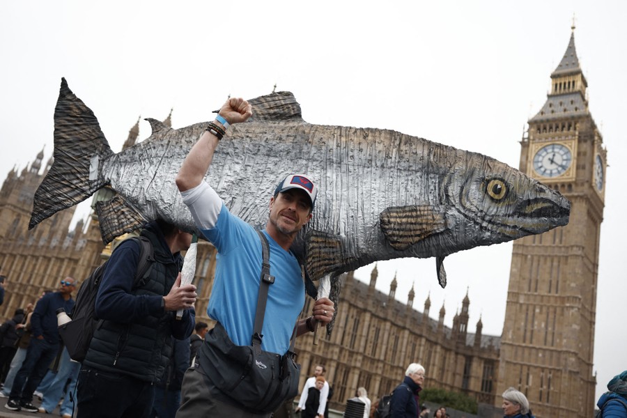 A person carries a large carved fish on their shoulder during a protest march.