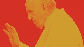 An illustration of Pope Francis set against a red background