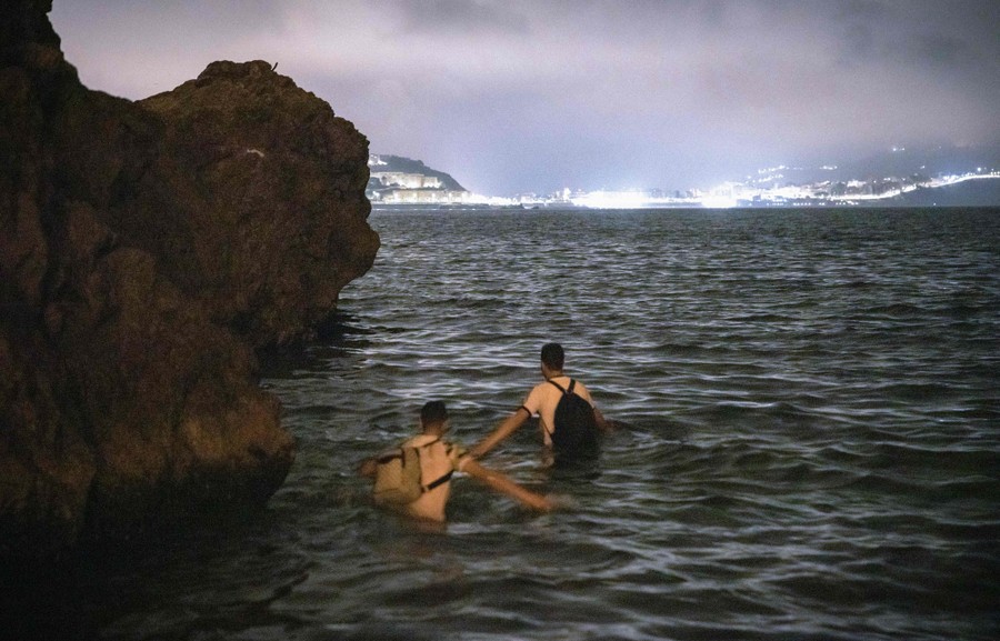 Two migrants wade near the rocky shore.
