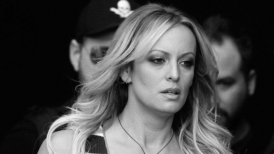 black-and-white photo of Stormy Daniels