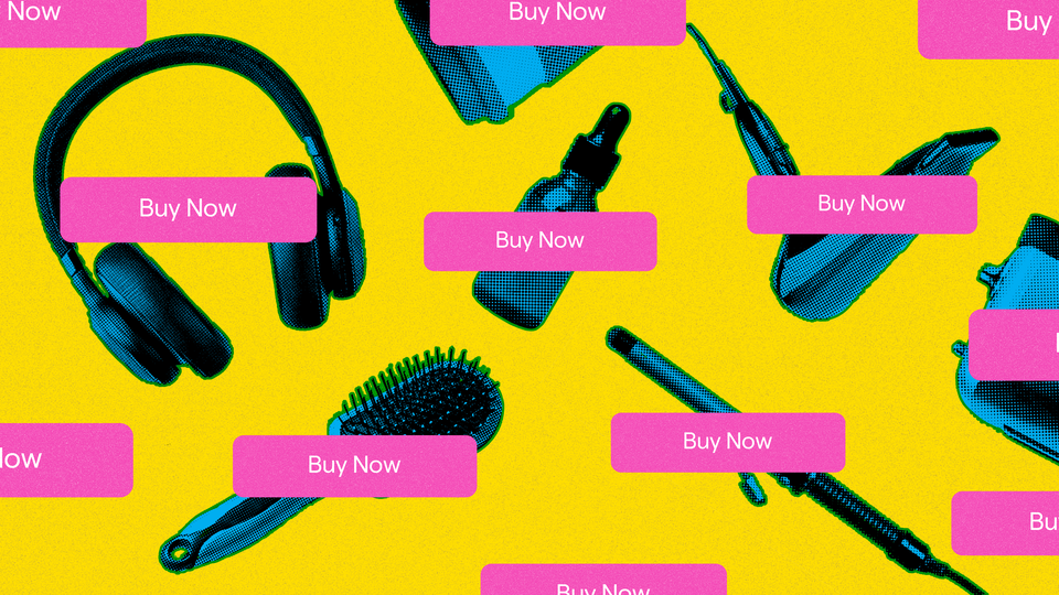 Various products—headphones, brush, eyedrops, blow dryer, and more—with "buy now" icons on them.